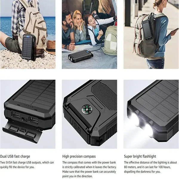 Solar Power Bank 20000mAh Fast Charge IP65 Waterproof 3Mode