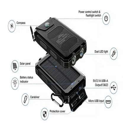 Solar Power Bank 20000mAh Fast Charge IP65 Waterproof 3Mode