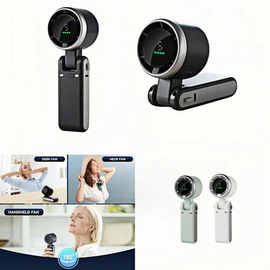 Turbo Handheld Folding Fan With LED Display And 5 Speed Sett