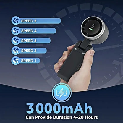 Turbo Handheld Folding Fan With LED Display And 5 Speed Sett