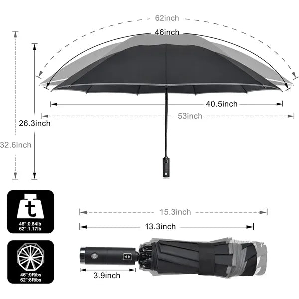 Auto-Open Reverse Folding Umbrella with LED Lights
