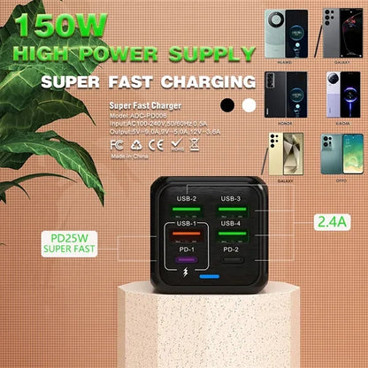 150W Multi-Port  Charger with 4 USB & 2 PD Ports