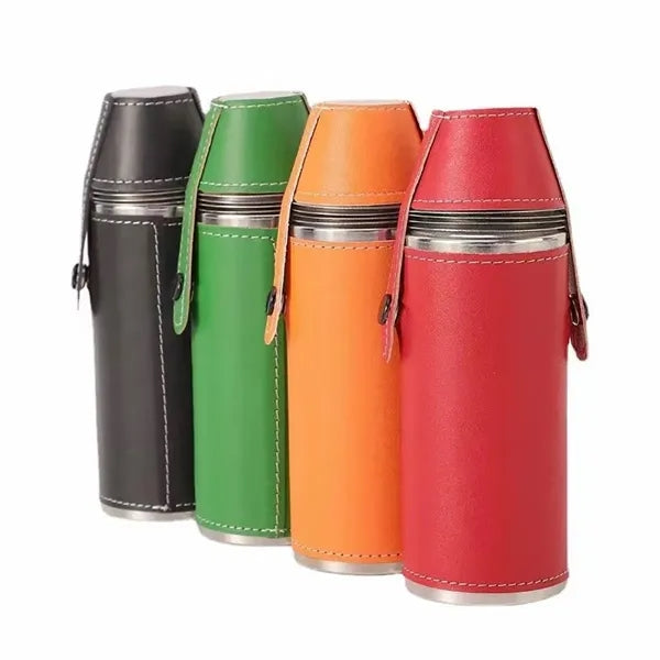 8Oz. Bucket Hip  PU Leather Flasks W/ Funnel and Cups
