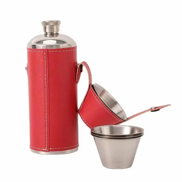 8Oz. Bucket Hip  PU Leather Flasks W/ Funnel and Cups