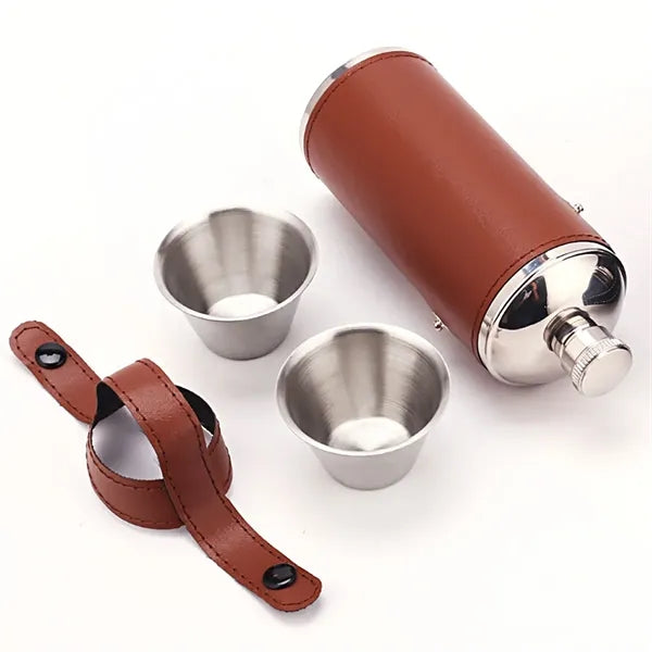 8Oz. Bucket Hip  PU Leather Flasks W/ Funnel and Cups