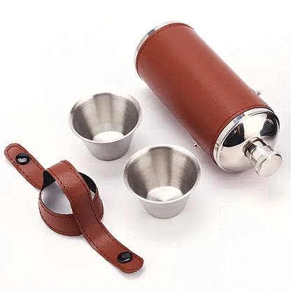 8Oz. Bucket Hip  PU Leather Flasks W/ Funnel and Cups