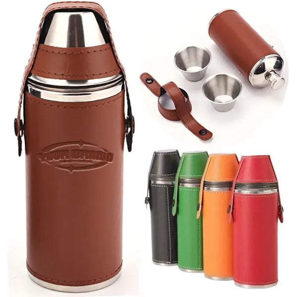 8Oz. Bucket Hip  PU Leather Flasks W/ Funnel and Cups