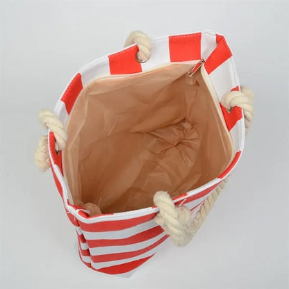 Striped Canvas Beach Tote  Bag With Zipper