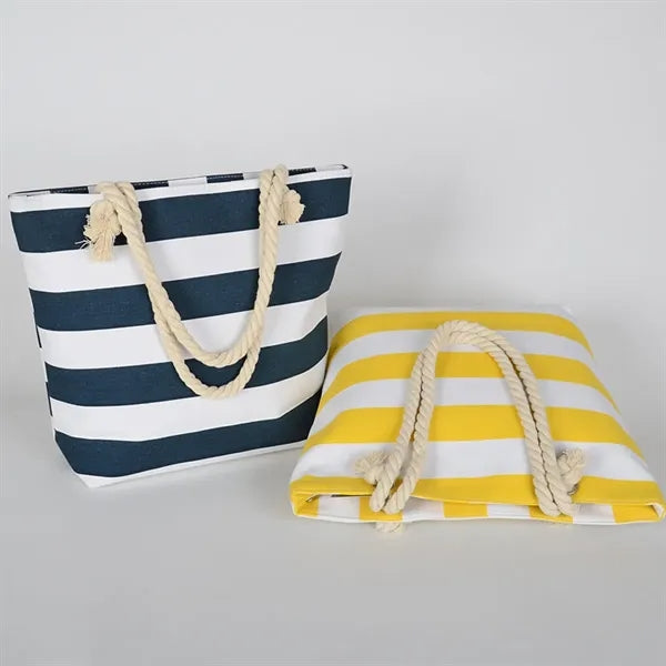 Striped Canvas Beach Tote  Bag With Zipper