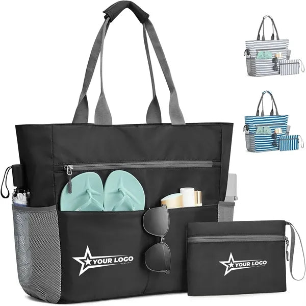Large Striped Canvas Beach Tote with Pouch