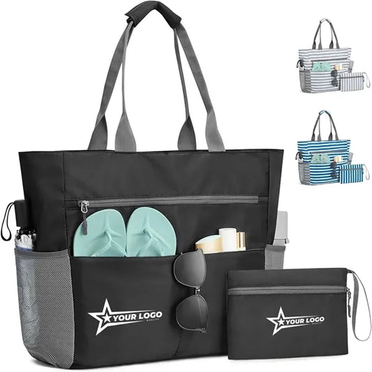 Large Striped Canvas Beach Tote with Pouch