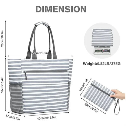 Large Striped Canvas Beach Tote with Pouch