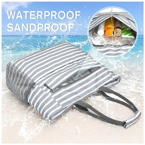 Large Striped Canvas Beach Tote with Pouch