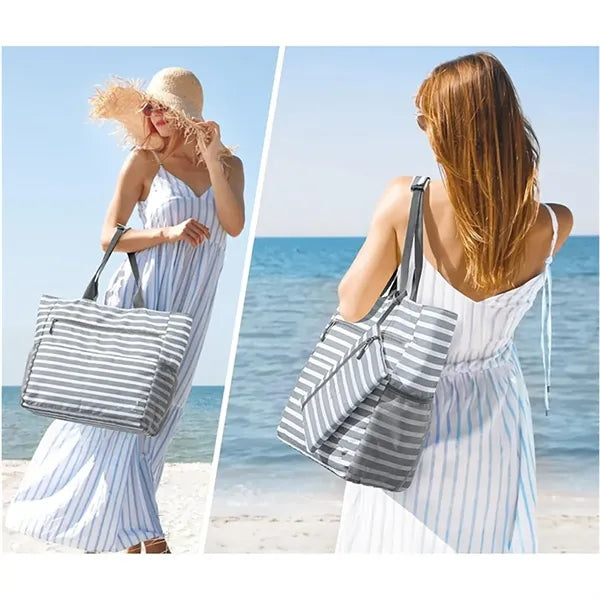 Large Striped Canvas Beach Tote with Pouch