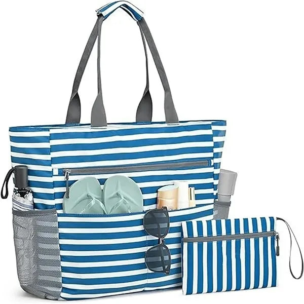 Large Striped Canvas Beach Tote with Pouch