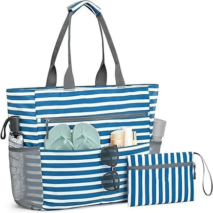 Large Striped Canvas Beach Tote with Pouch