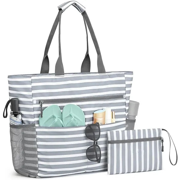 Large Striped Canvas Beach Tote with Pouch