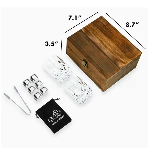 Luxury Whiskey Glass Gift Set with Stone Ice & Wood Box