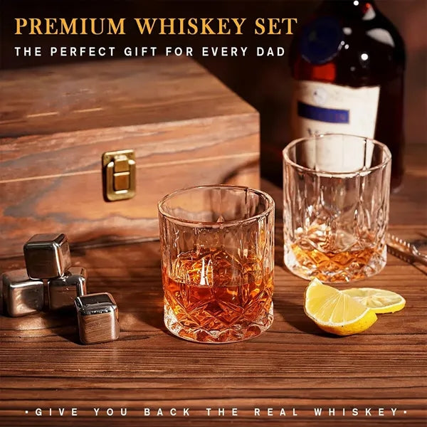 Luxury Whiskey Glass Gift Set with Stone Ice & Wood Box