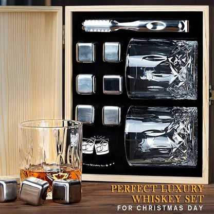 Luxury Whiskey Glass Gift Set with Stone Ice & Wood Box