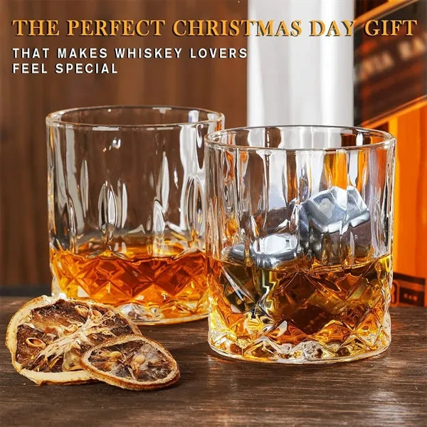 Luxury Whiskey Glass Gift Set with Stone Ice & Wood Box