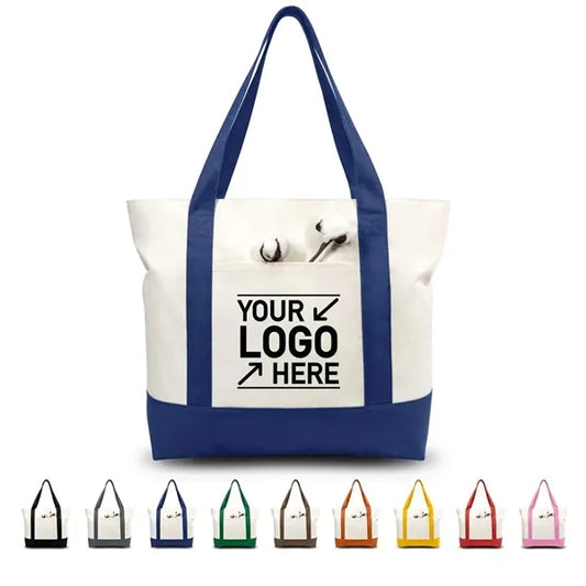 Zipper Canvas Boat Tote Bag with Front Pocket