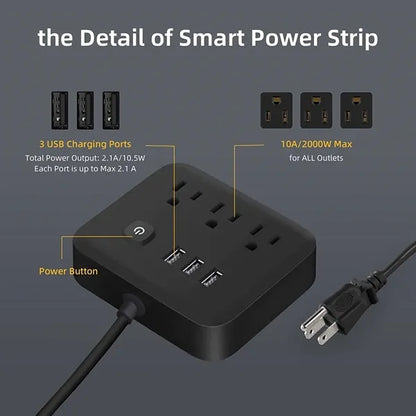 3-Outlet Extender Power Strip with 3 USB Ports/Night Light