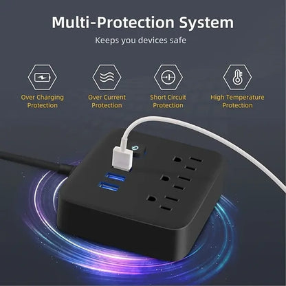 3-Outlet Extender Power Strip with 3 USB Ports/Night Light
