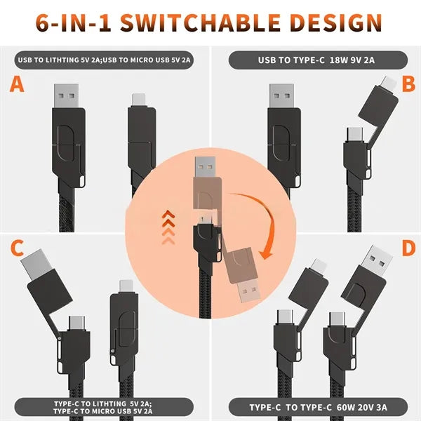 6-In-1 Portable Keychain 60W Fast Charging Cable