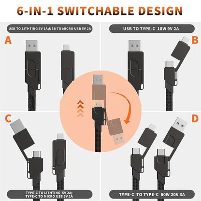6-In-1 Portable Keychain 60W Fast Charging Cable