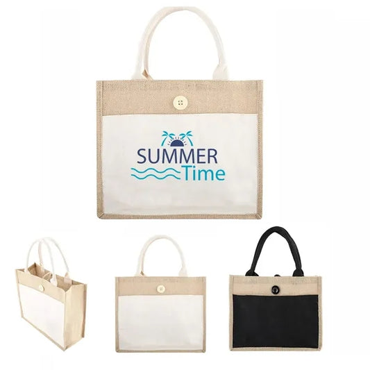 Burlap Jute Shopping Tote Bag W/Pocket Front