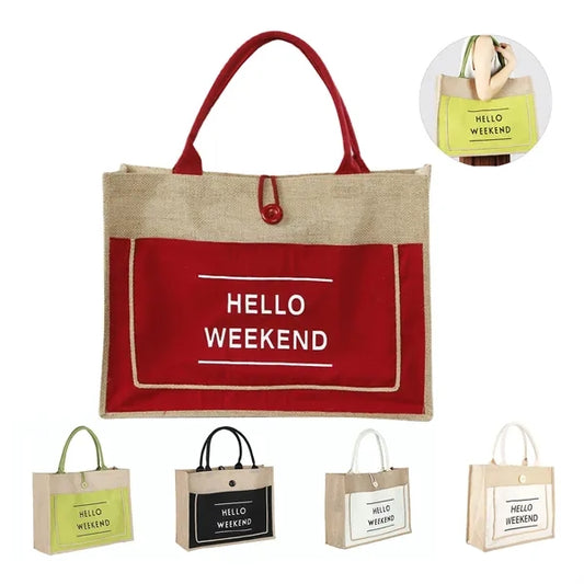 Jute Tote Bag with Handles  Button Closure