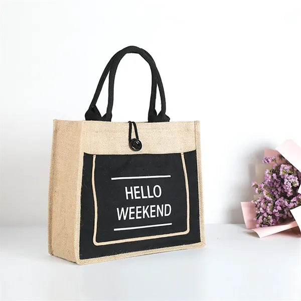 Jute Tote Bag with Handles  Button Closure
