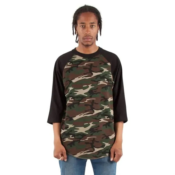 Shaka Wear Adult Three-Quarter Sleeve Camo Raglan T-Shirt