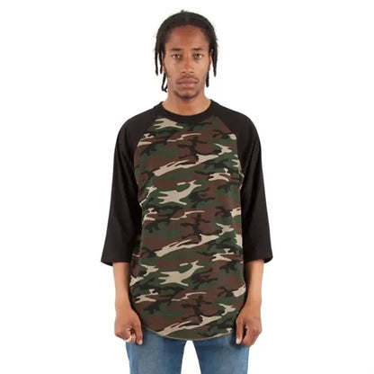 Shaka Wear Adult Three-Quarter Sleeve Camo Raglan T-Shirt