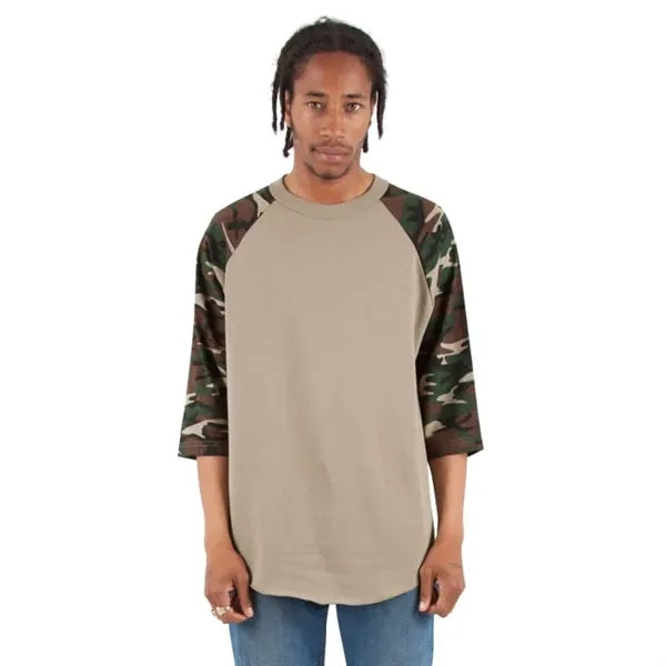 Shaka Wear Adult Three-Quarter Sleeve Camo Raglan T-Shirt