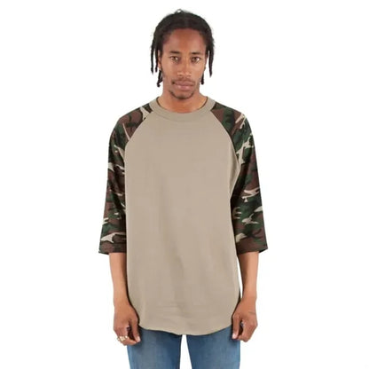 Shaka Wear Adult Three-Quarter Sleeve Camo Raglan T-Shirt