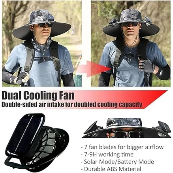 Detachable Solar Fan Hat Rechargeable USB Wide Brim Cap