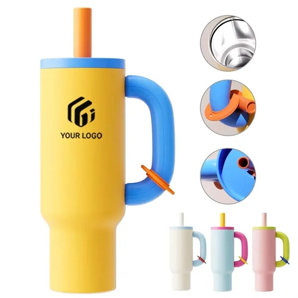 Large travel insulated cup tumbler with handle and straw