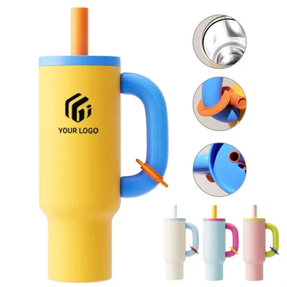 Large travel insulated cup tumbler with handle and straw
