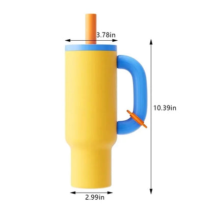 Large travel insulated cup tumbler with handle and straw