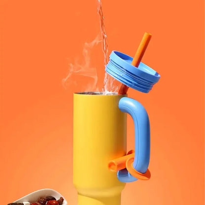 Large travel insulated cup tumbler with handle and straw