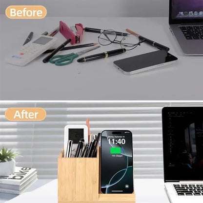 Bamboo desk organizer 3-in-1 pen holder wireless charger