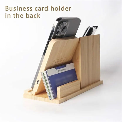 Bamboo desk organizer 3-in-1 pen holder wireless charger