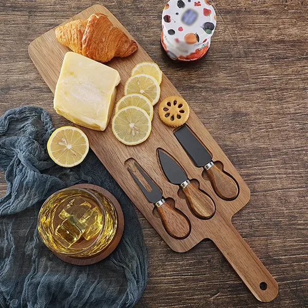 Wood serving tray platter cheese cutting board and knife set