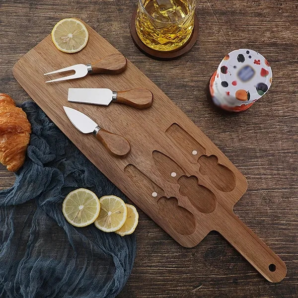 Wood serving tray platter cheese cutting board and knife set