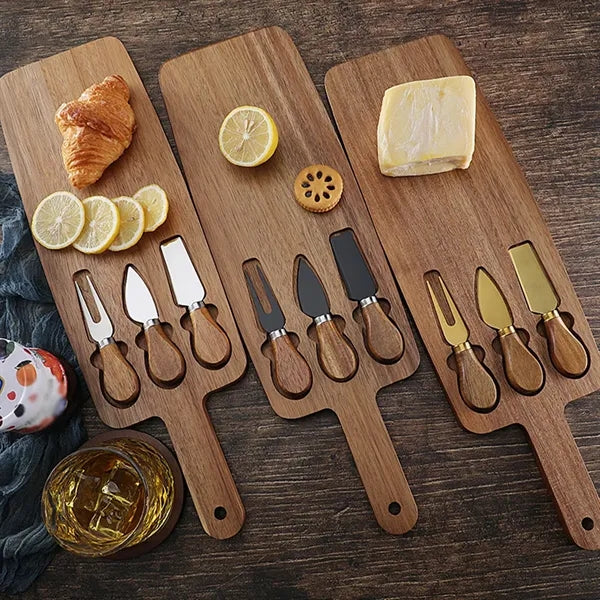 Wood serving tray platter cheese cutting board and knife set