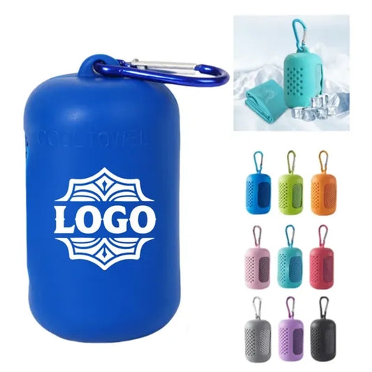 Microfiber Ice Cooling Towel w/Silicone Carrying Case & Clip