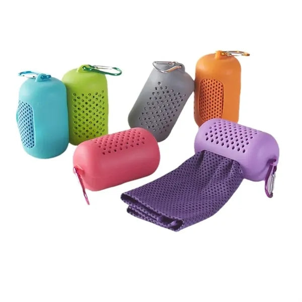 Microfiber Ice Cooling Towel w/Silicone Carrying Case & Clip