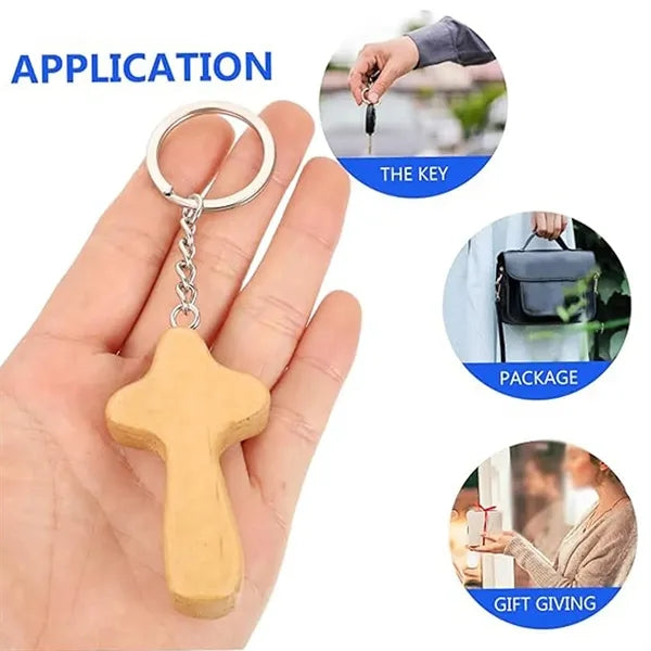 Multipurpose Durable Wooden Crafts Baptism Cross Key Chains